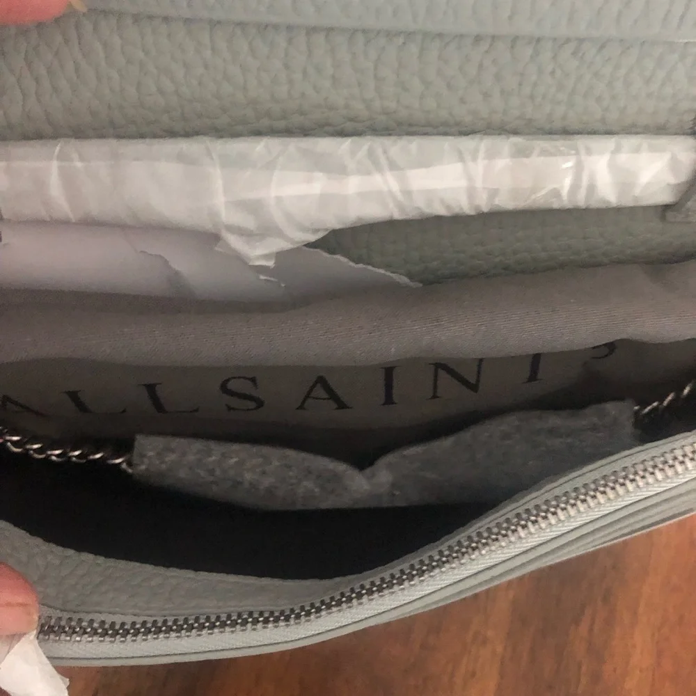 NWT $228 AllSaints FETCH LEATHER CHAIN WALLET CROSSBODY BAG in Sky Blue!